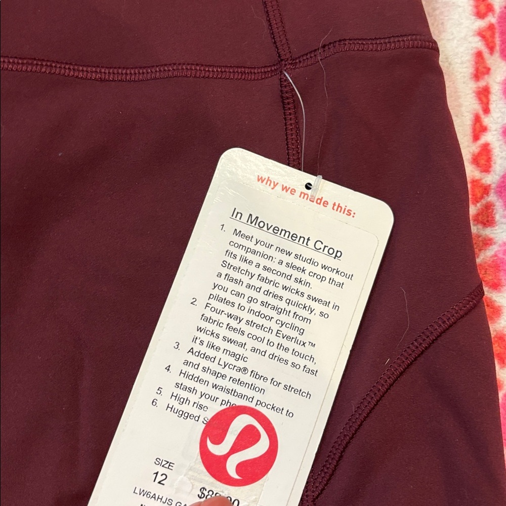 Lululemon Maroon Women's In Movement Cropped Leggings Size 12 - Picture 2 of 5